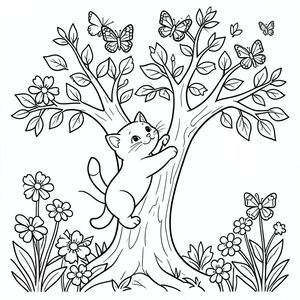 Một chú mèo tò mò trèo cây để tiếp cận những con bướm bay xung quanh, xung quanh là hoa và lá, nghệ thuật đường nét đen trắng, trang tô màu đơn giản, không đổ bóng, dành cho trẻ em