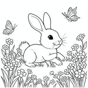 Một chú thỏ nhỏ vui vẻ đuổi bướm trên đồng cỏ đầy hoa, nghệ thuật đường nét đen trắng, trang tô màu đơn giản, đường viền sạch sẽ, không đổ bóng, dành cho trẻ em