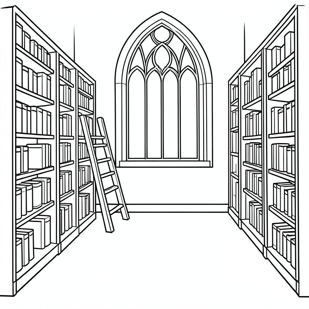 trang sách tô màu học viện tối, nội thất thư viện gothic được đơn giản hóa, ít giá sách cao, một thang, cửa sổ hình vòm lớn, chi tiết tối thiểu, đường viền dày đậm, chi tiết thấp, không gian rộng để tô màu, không đổ bóng, nền trắng, phong cách vector, 300 dpi