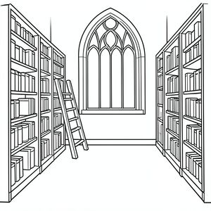 trang sách tô màu học viện tối, nội thất thư viện gothic được đơn giản hóa, ít giá sách cao, một thang, cửa sổ hình vòm lớn, chi tiết tối thiểu, đường viền dày đậm, chi tiết thấp, không gian rộng để tô màu, không đổ bóng, nền trắng, phong cách vector, 300 dpi