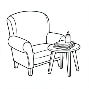 Góc đọc ấm cúng Học viện tối, Ghế bành, Bàn nhỏ, Chỉ 3-5 Sách, Nến, Bố cục đơn giản, Đường viền đậm, Tô màu dễ dàng, Không lộn xộn, Không có chi tiết nhỏ