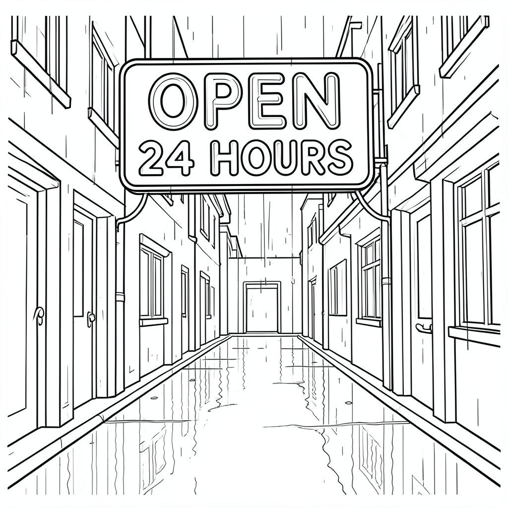 Bảng hiệu đèn neon ghi "MỞ CỬA 24 GIỜ" trong một con hẻm thành phố mưa vào ban đêm, phản chiếu trên vỉa hè ẩm ướt