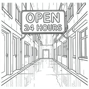 Bảng hiệu đèn neon ghi "MỞ CỬA 24 GIỜ" trong một con hẻm thành phố mưa vào ban đêm, phản chiếu trên vỉa hè ẩm ướt