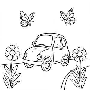 Chính xác là một chiếc xe nhỏ dễ thương chạy trên một con đường đơn giản, với chính xác bốn bông hoa bên đường và chính xác hai con bướm bay phía trên, nghệ thuật đường nét đen trắng, đường viền táo bạo, không đổ bóng, phong cách sách tô màu cho trẻ em