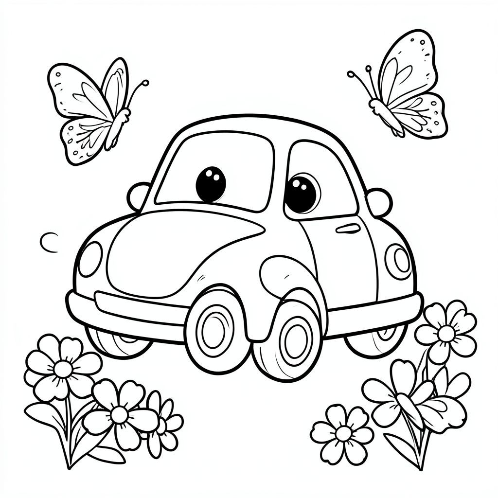 Một chiếc xe hoạt hình mỉm cười với đôi mắt to, được bao quanh bởi bốn bông hoa và hai con bướm, nghệ thuật đường nét đen trắng, trang tô màu đơn giản, đường viền đậm sạch sẽ, không đổ bóng, dành cho trẻ em.