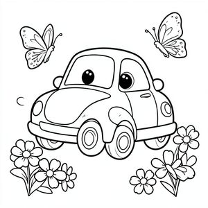 Một chiếc xe hoạt hình mỉm cười với đôi mắt to, được bao quanh bởi bốn bông hoa và hai con bướm, nghệ thuật đường nét đen trắng, trang tô màu đơn giản, đường viền đậm sạch sẽ, không đổ bóng, dành cho trẻ em.