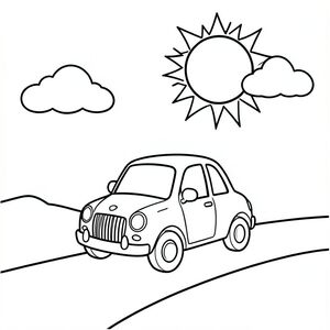 Một chiếc xe nhỏ dễ thương lái trên một con đường đơn giản với mặt trời lớn trên bầu trời và hai đám mây nhỏ, nghệ thuật đường nét đen trắng, đường viền táo bạo, không đổ bóng, phong cách sách tô màu cho trẻ em