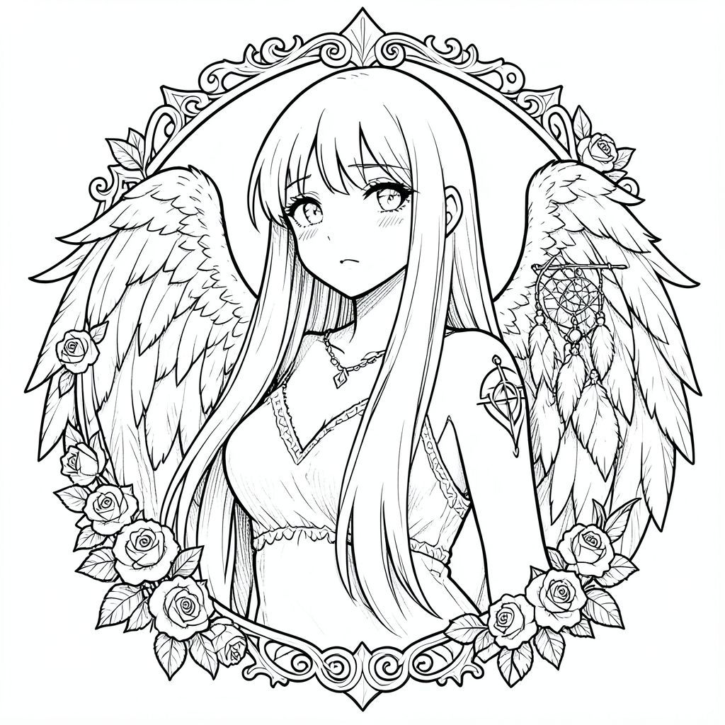 vẽ mực đơn sắc, thiên thần cô gái anime, tóc thẳng dài, biểu hiện cảm xúc, đôi cánh lông vũ chi tiết, khung trang trí gothic, hoa hồng và dreamcatcher, hình xăm biểu tượng Xử Nữ trên vai, đổ bóng bút chì mềm, đường nét rất chi tiết, phong cách manga cổ điển, không màu, chỉ đen trắng