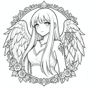 vẽ mực đơn sắc, thiên thần cô gái anime, tóc thẳng dài, biểu hiện cảm xúc, đôi cánh lông vũ chi tiết, khung trang trí gothic, hoa hồng và dreamcatcher, hình xăm biểu tượng Xử Nữ trên vai, đổ bóng bút chì mềm, đường nét rất chi tiết, phong cách manga cổ điển, không màu, chỉ đen trắng