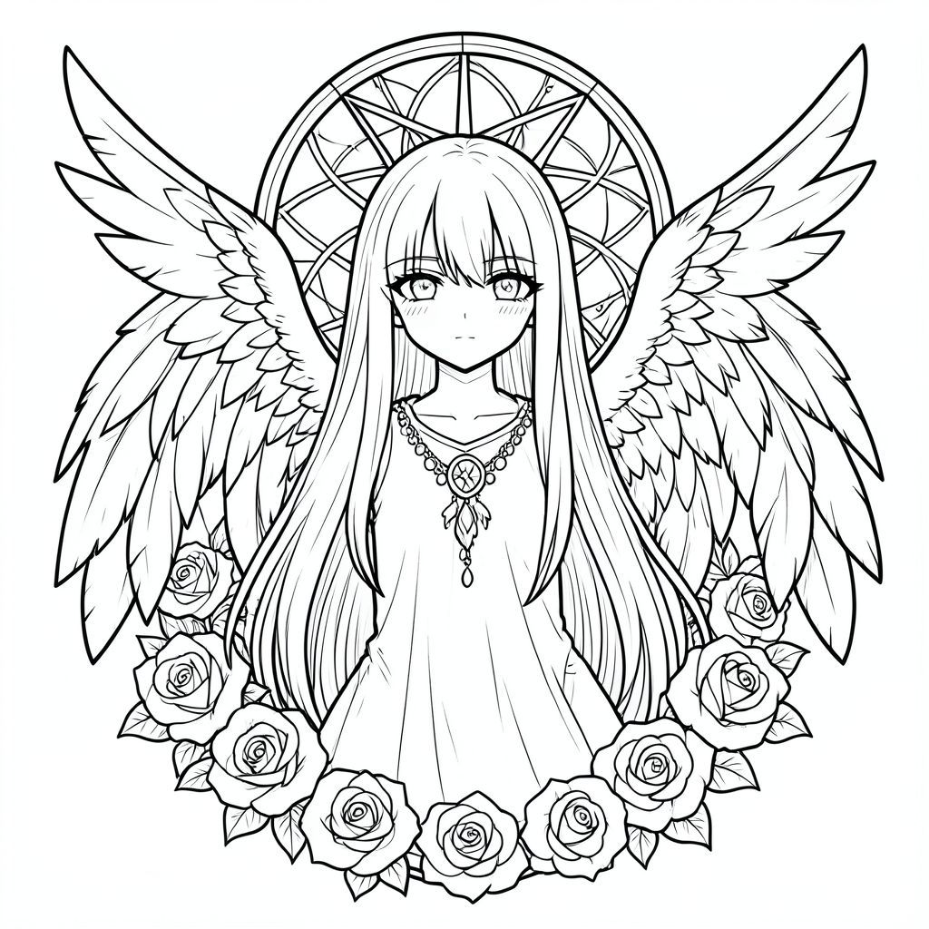 thiết kế hình xăm đen trắng, manga angel girl, tóc dài thẳng che mắt, đôi cánh lông vũ lớn, hoa hồng xung quanh, dreamcatcher phía sau, biểu tượng cung hoàng đạo xử nữ, khung cổ điển gothic, rất chi tiết, nghệ thuật đường mỏng, đổ bóng, không màu