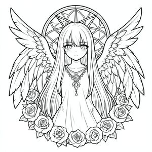 thiết kế hình xăm đen trắng, manga angel girl, tóc dài thẳng che mắt, đôi cánh lông vũ lớn, hoa hồng xung quanh, dreamcatcher phía sau, biểu tượng cung hoàng đạo xử nữ, khung cổ điển gothic, rất chi tiết, nghệ thuật đường mỏng, đổ bóng, không màu