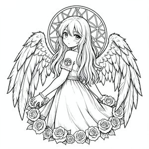 phác thảo gothic tối, vẽ mực đen trắng, cô gái thiên thần manga thực tế, tóc dài lộn xộn, nhìn lại, đôi cánh lông vũ chi tiết, hoa hồng xung quanh cơ thể, dreamcatcher phía sau, biểu tượng Xử Nữ trên vai, khung cổ điển, đổ bóng nặng, kết cấu bút chì, nghệ thuật đường nét mỏng và thô, không dễ thương, không hoạt hình, không màu sắc