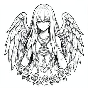 phác thảo hình xăm gothic đen trắng, phong cách anime thực tế (không dễ thương), cô gái thiên thần buồn, tóc dài che mặt, đôi cánh chi tiết, hoa hồng, dreamcatcher, biểu tượng xử nữ, bóng tối, kết cấu phác thảo bút chì, đường thô, minh họa cổ điển, không màu