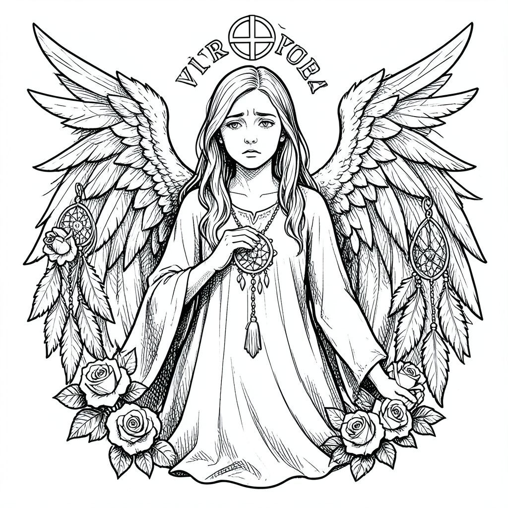khắc gothic đen trắng, minh họa thực tế (không phải anime, không hoạt hình, không dễ thương), thiên thần phụ nữ buồn, tỷ lệ khuôn mặt tự nhiên, đôi cánh chi tiết, hoa hồng và dreamcatcher, biểu tượng Xử Nữ, bóng tối, Crosshatching, Đường phác thảo thô, phong cách cổ điển, không màu