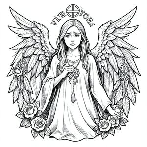 khắc gothic đen trắng, minh họa thực tế (không phải anime, không hoạt hình, không dễ thương), thiên thần phụ nữ buồn, tỷ lệ khuôn mặt tự nhiên, đôi cánh chi tiết, hoa hồng và dreamcatcher, biểu tượng Xử Nữ, bóng tối, Crosshatching, Đường phác thảo thô, phong cách cổ điển, không màu