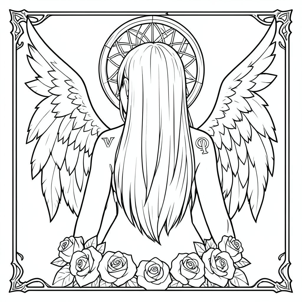 nghệ thuật đường nét đen trắng, người phụ nữ quay đầu, tóc thẳng dài che một mắt, đôi cánh lông vũ lớn phía sau, hoa hồng ở phía dưới, vòng tròn dreamcatcher sau đầu, biểu tượng Xử Nữ trên vai, đường viền khung gothic, đường nét chi tiết nhưng đơn giản, không màu