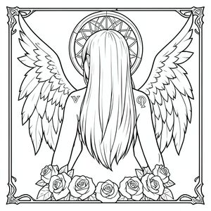 nghệ thuật đường nét đen trắng, người phụ nữ quay đầu, tóc thẳng dài che một mắt, đôi cánh lông vũ lớn phía sau, hoa hồng ở phía dưới, vòng tròn dreamcatcher sau đầu, biểu tượng Xử Nữ trên vai, đường viền khung gothic, đường nét chi tiết nhưng đơn giản, không màu