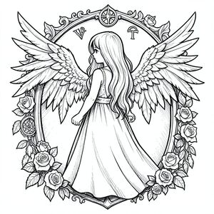 Khắc Gothic đen trắng, Cô gái thiên thần thực tế, tóc dài, Nhìn lại, Cánh lông vũ chi tiết, Hoa hồng, Dreamcatcher, Biểu tượng Xử Nữ, Khung cổ điển, bóng nặng, Kết cấu phác thảo bút chì, Đường mỏng thô, không màu, không dễ thương