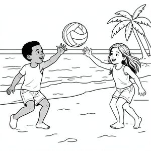 Trẻ em chơi bóng chuyền trên bãi biển (ít nhất một trong những đứa trẻ là người da đen và một đứa là người Latinh) Các đường nét của bóng chuyền trông thực tế