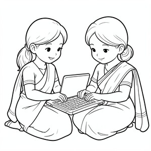 Hai cô gái mặc saree viết mã trên máy tính xách tay