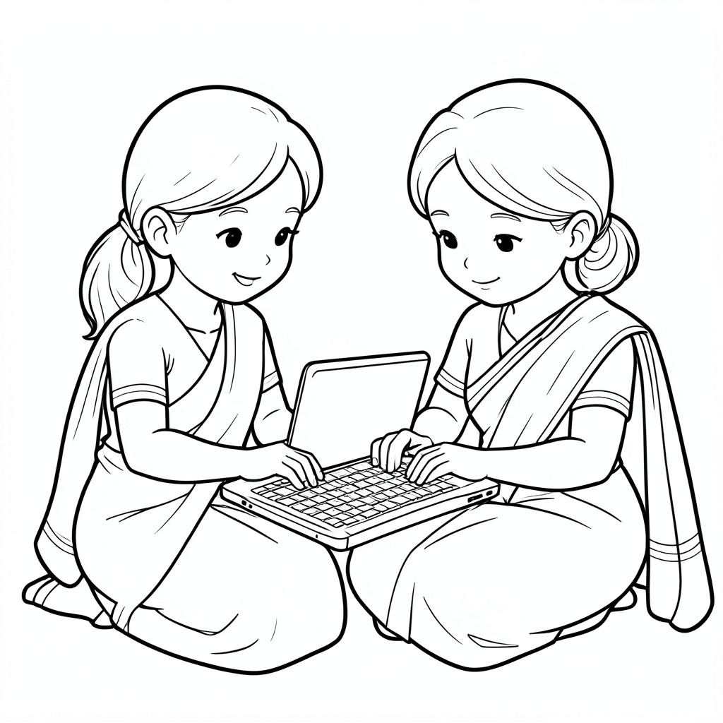 Hai cô gái mặc saree viết mã trên máy tính xách tay