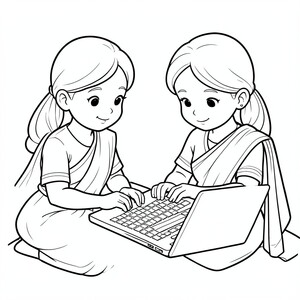 Hai cô gái mặc saree viết mã trên máy tính xách tay