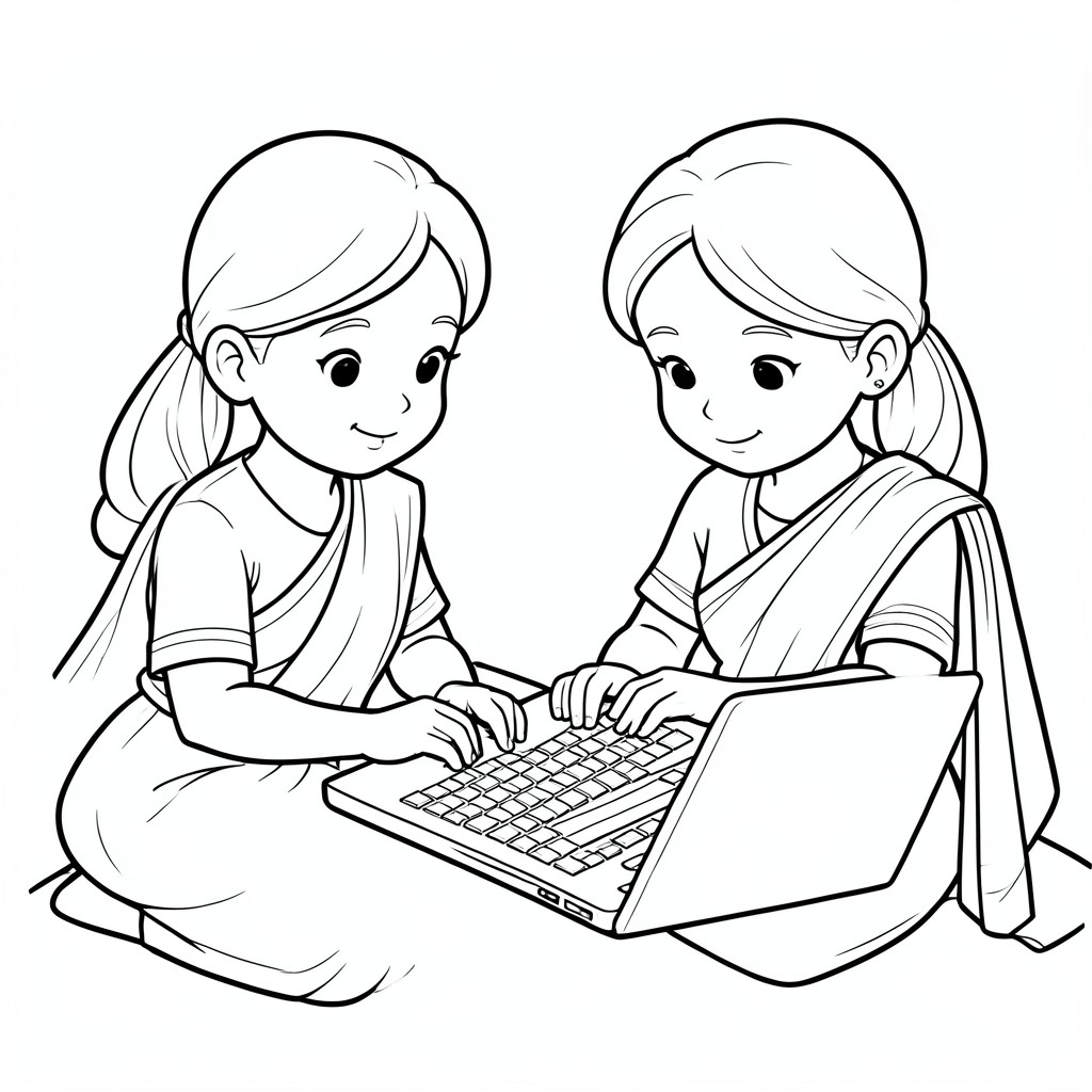 Hai cô gái mặc saree viết mã trên máy tính xách tay