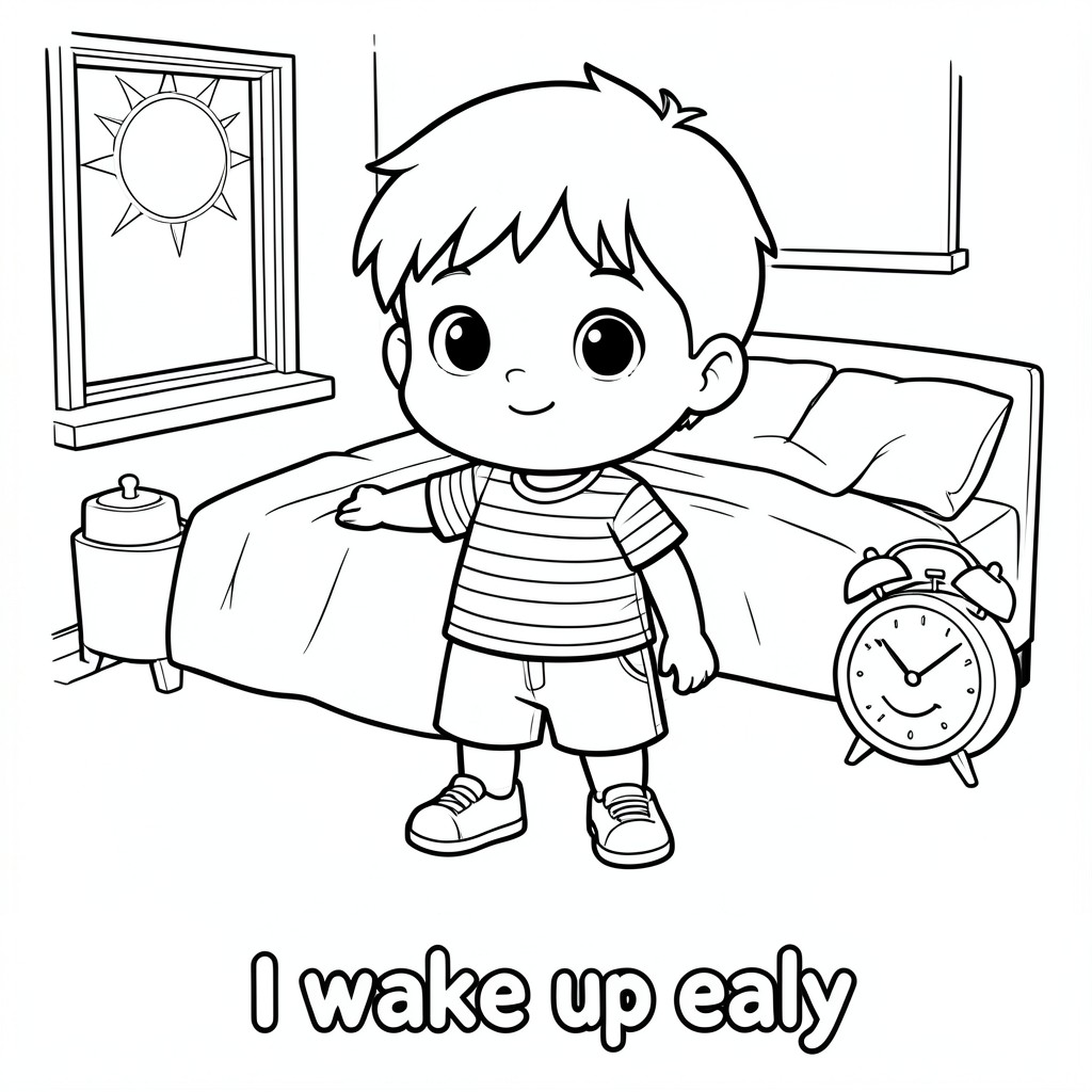 Cậu bé chibi dễ thương, 5 tuổi, khuôn mặt tròn, mắt tròn to, mũi nhỏ, miệng đơn giản, tóc ngắn vuốt hai bên, kiểu tóc nhất quán, tỷ lệ khuôn mặt nhất quán, đầu lớn hơn cơ thể một chút (kiểu chibi), chiều cao thấp, nét trẻ con mềm mại, mặc áo phông sọc, quần đùi dài đến đầu gối, giày thể thao đơn giản, trang phục giống nhau trong mỗi trang, cùng tỷ lệ và tỷ lệ trên tất cả các trang.
Minh họa sách tô màu đen trắng, đường viền dày đậm (chiều rộng nét đồng nhất), kiểu vector sạch sẽ, không đổ bóng, không xám, không có gradient, không có kết cấu, chỉ hình dạng đơn giản, cạnh tròn, thiết kế thân thiện với trẻ em, độ tương phản cao, có thể in, không nhiễu, không có đường phác thảo.
Căn giữa ký tự, chiếm 70–75% chiều cao trang, chế độ xem ngang tầm mắt, góc 3/4 nhẹ, khoảng cách camera cố định, không có biến thể thu phóng, cùng khung hình trên tất cả các trang, không gian mở lớn bên trong hình dạng để dễ tô màu, chi tiết tối thiểu

Cảnh chỉ chứa chính xác 2 hoặc 3 đối tượng, mỗi đối tượng lớn và đơn giản (20–25% kích thước ký tự), đặt trái phải đều, không chồng chéo với nhân vật, không có yếu tố phụ, nền trắng sạch sẽ

Để lại khoảng trống trống ở dưới cùng (20% chiều cao trang) cho chú thích, không có đối tượng trong khoảng trống đó.
chú thích ở dưới cùng: "Tôi dậy sớm", các chữ cái bong bóng tròn lớn, chỉ phác thảo, không tô màu, không đổ bóng, ở giữa, đường cơ sở thẳng, phông chữ thân thiện với trẻ em, khả năng đọc cao, không chạm vào các cạnh.

Tốt - Thức dậy sớm
Nhắc nhở: trẻ duỗi người trên giường, mặt trời mọc qua cửa sổ, đồng hồ báo thức, khuôn mặt vui vẻ, nền phòng ngủ
Chú thích: Tôi dậy sớm