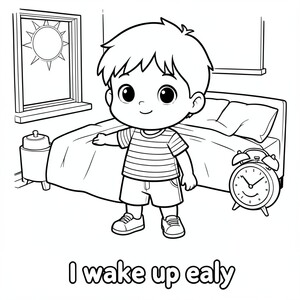 Cậu bé chibi dễ thương, 5 tuổi, khuôn mặt tròn, mắt tròn to, mũi nhỏ, miệng đơn giản, tóc ngắn vuốt hai bên, kiểu tóc nhất quán, tỷ lệ khuôn mặt nhất quán, đầu lớn hơn cơ thể một chút (kiểu chibi), chiều cao thấp, nét trẻ con mềm mại, mặc áo phông sọc, quần đùi dài đến đầu gối, giày thể thao đơn giản, trang phục giống nhau trong mỗi trang, cùng tỷ lệ và tỷ lệ trên tất cả các trang.
Minh họa sách tô màu đen trắng, đường viền dày đậm (chiều rộng nét đồng nhất), kiểu vector sạch sẽ, không đổ bóng, không xám, không có gradient, không có kết cấu, chỉ hình dạng đơn giản, cạnh tròn, thiết kế thân thiện với trẻ em, độ tương phản cao, có thể in, không nhiễu, không có đường phác thảo.
Căn giữa ký tự, chiếm 70–75% chiều cao trang, chế độ xem ngang tầm mắt, góc 3/4 nhẹ, khoảng cách camera cố định, không có biến thể thu phóng, cùng khung hình trên tất cả các trang, không gian mở lớn bên trong hình dạng để dễ tô màu, chi tiết tối thiểu

Cảnh chỉ chứa chính xác 2 hoặc 3 đối tượng, mỗi đối tượng lớn và đơn giản (20–25% kích thước ký tự), đặt trái phải đều, không chồng chéo với nhân vật, không có yếu tố phụ, nền trắng sạch sẽ

Để lại khoảng trống trống ở dưới cùng (20% chiều cao trang) cho chú thích, không có đối tượng trong khoảng trống đó.
chú thích ở dưới cùng: "Tôi dậy sớm", các chữ cái bong bóng tròn lớn, chỉ phác thảo, không tô màu, không đổ bóng, ở giữa, đường cơ sở thẳng, phông chữ thân thiện với trẻ em, khả năng đọc cao, không chạm vào các cạnh.

Tốt - Thức dậy sớm
Nhắc nhở: trẻ duỗi người trên giường, mặt trời mọc qua cửa sổ, đồng hồ báo thức, khuôn mặt vui vẻ, nền phòng ngủ
Chú thích: Tôi dậy sớm