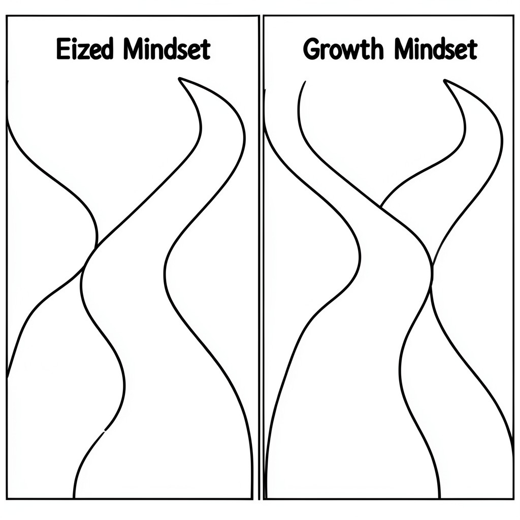 Split-screen animation — two paths diverging. Label LEFT: "Fixed Mindset" | Label RIGHT: "Growth Mindset