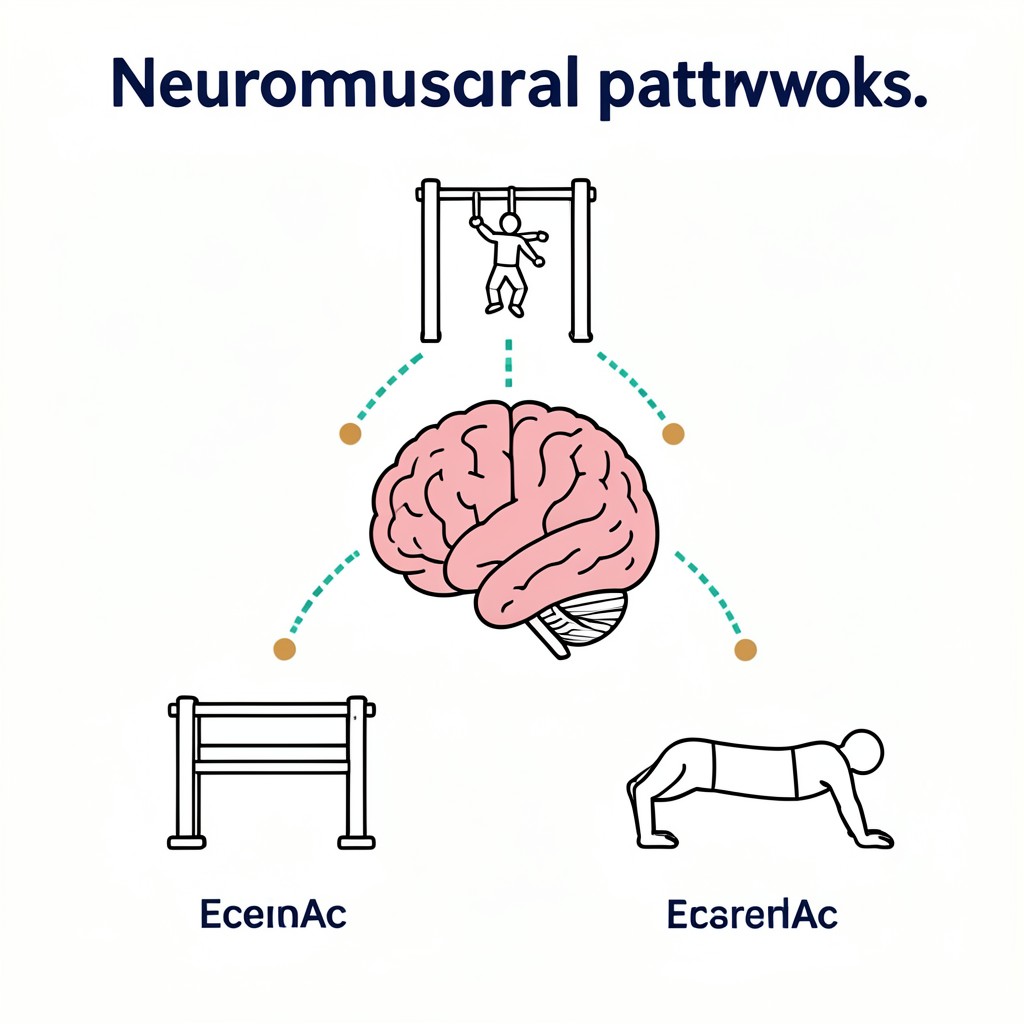 Clean diagram layout. Central dusty pink brain circle in the middle of the frame. Three exercise icons arranged in a triangle around it — top: pull-up bar with tiny hanging stickman, bottom left: two parallel bars, bottom right: push-up position stickman. Each icon connected to the brain by a teal dotted line with small amber pulse dots traveling along the lines toward the center. Simple navy labels beneath each icon.
Text overlay top: "Neuromuscular pathways."
Background: Warm cream #F5EDDA
Colors: Dusty pink brain, teal dotted lines, amber pulse dots, black exercise icons, navy labels
Mood: Clean system diagram, educational, calm