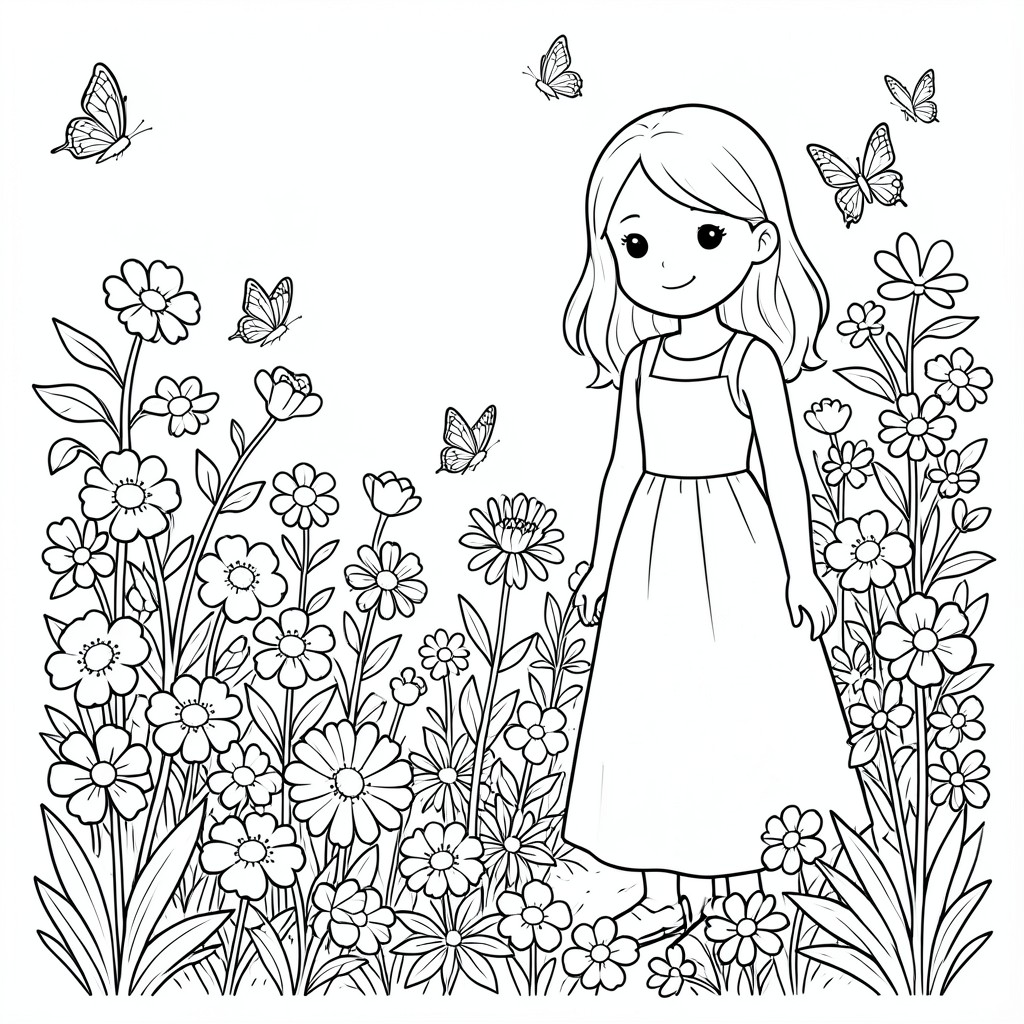 Khu vườn đầy hoa bướm và người phụ nữ