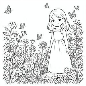 Khu vườn đầy hoa bướm và người phụ nữ