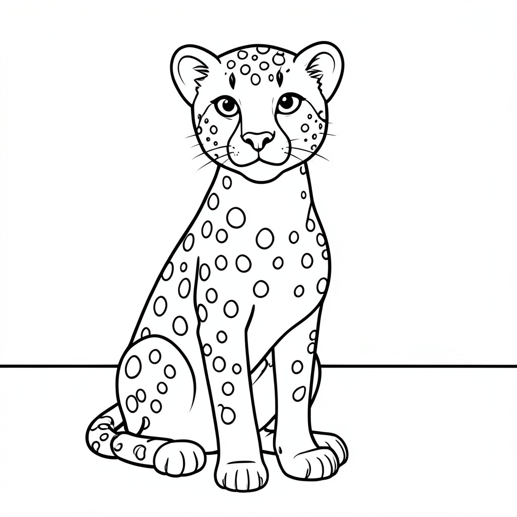 Cheetah vui vẻ: Một con báo đang ngồi kiêu hãnh với những đốm lớn, dễ nhuộm màu. Nền: Đường chân trời phẳng.
