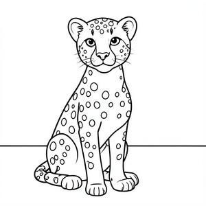 Cheetah vui vẻ: Một con báo đang ngồi kiêu hãnh với những đốm lớn, dễ nhuộm màu. Nền: Đường chân trời phẳng.

