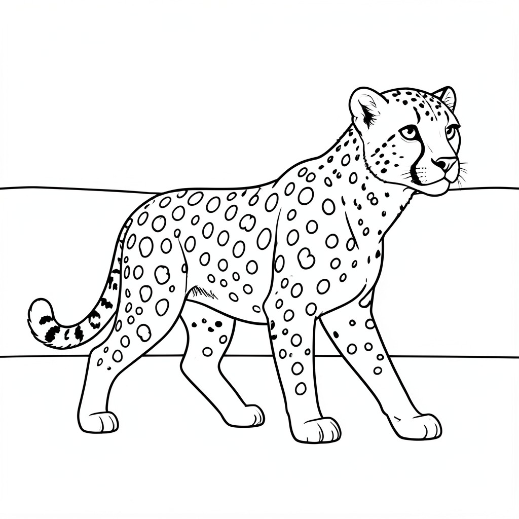 Cheetah vui vẻ: Một con báo đi bộ kiêu hãnh với những đốm lớn, dễ tô màu. Nền: Đường chân trời phẳng.