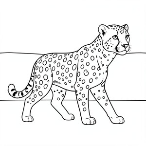 Cheetah vui vẻ: Một con báo đi bộ kiêu hãnh với những đốm lớn, dễ tô màu. Nền: Đường chân trời phẳng.
