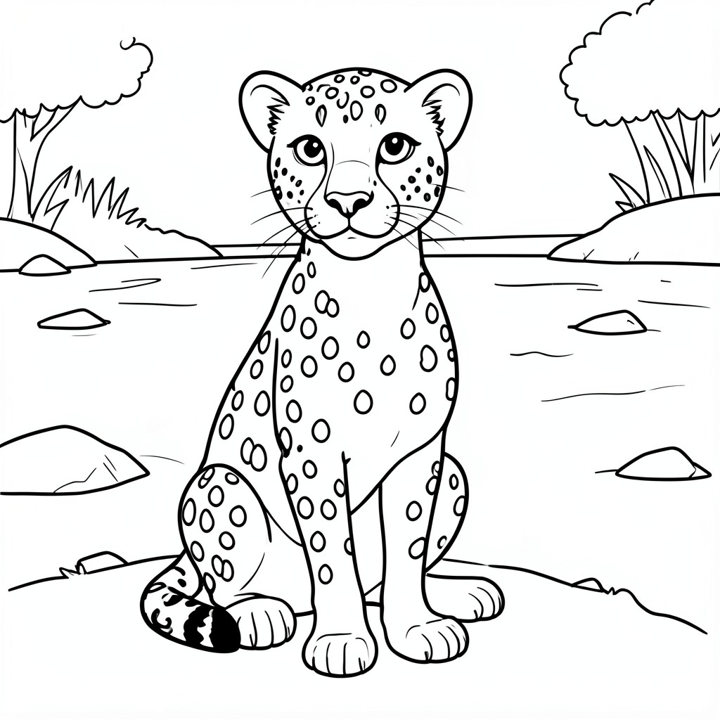 Cheetah vui vẻ: Một con báo đang ngồi kiêu hãnh với những đốm lớn, dễ nhuộm màu. Bối cảnh: một dòng sông với ít đá