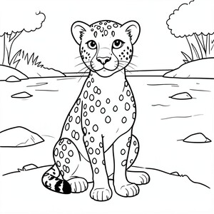 Cheetah vui vẻ: Một con báo đang ngồi kiêu hãnh với những đốm lớn, dễ nhuộm màu. Bối cảnh: một dòng sông với ít đá