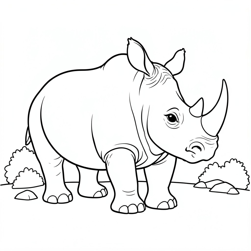 Grumpy Rhino: A sturdy rhinoceros with a prominent horn. Background: A few small rocks and bush