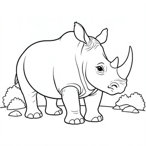 Grumpy Rhino: A sturdy rhinoceros with a prominent horn. Background: A few small rocks and bush