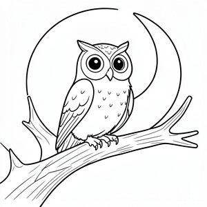 Wise Owl: An owl perched on a thick tree branch with large, round eyes. Background: A simple crescent moon.
