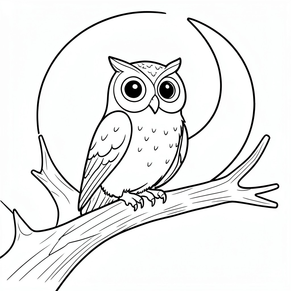 Wise Owl: An owl perched on a thick tree branch with large, round eyes. Background: A simple crescent moon.
