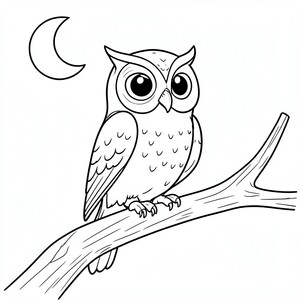 Wise Owl: An owl perched on a thick tree branch with large, round eyes. Background: A simple crescent moon on top corner

