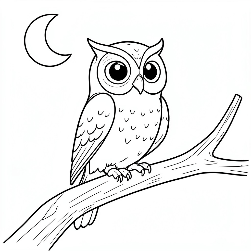 Wise Owl: An owl perched on a thick tree branch with large, round eyes. Background: A simple crescent moon on top corner

