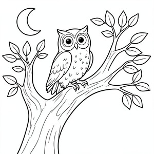 Wise Owl: An owl perched on a thick tree that have leaves branch with large, round eyes. Background: A simple crescent moon on top corner