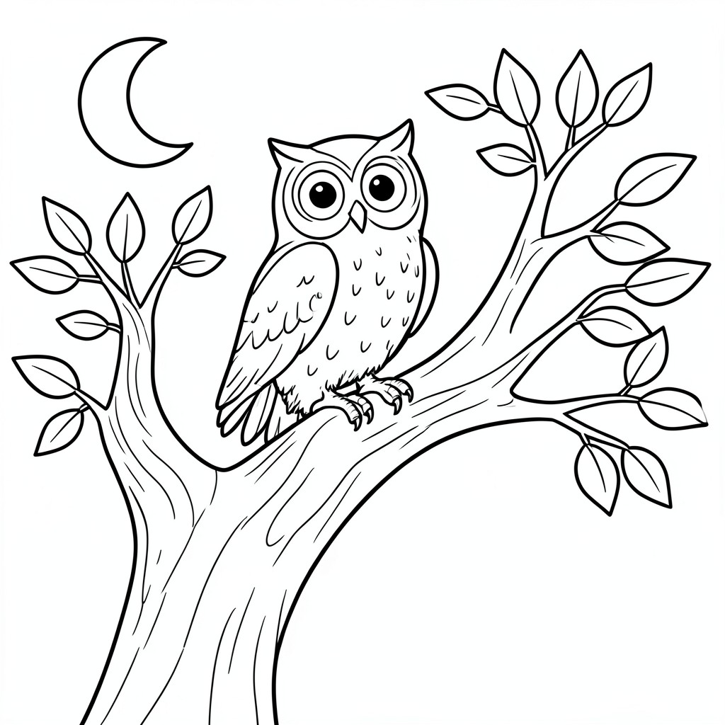 Wise Owl: An owl perched on a thick tree that have leaves branch with large, round eyes. Background: A simple crescent moon on top corner