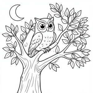 Wise Owl: An owl perched on a thick tree that have lot of leaves branch with large, round eyes. Background: A simple crescent moon on top corner