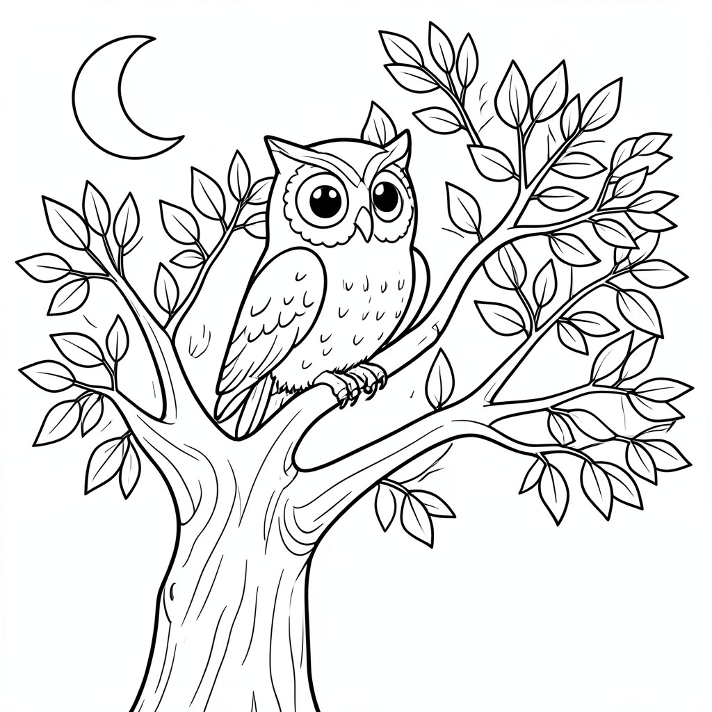 Wise Owl: An owl perched on a thick tree that have lot of leaves branch with large, round eyes. Background: A simple crescent moon on top corner