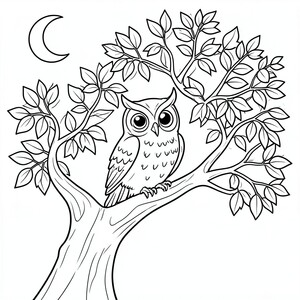 Wise Owl: An owl perched on a thick shady tree that have lot of leaves branch with large, round eyes. Background: A simple crescent moon on top corner